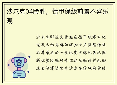 沙尔克04险胜，德甲保级前景不容乐观